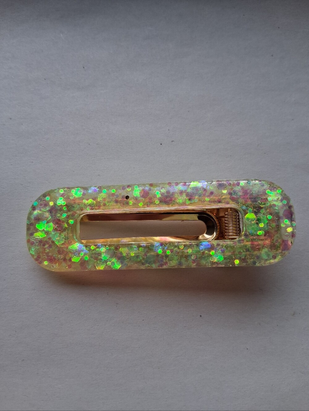 5/$25 Hand Crafted Iridescent Yellow-Green Glitter Resin Hair Clip